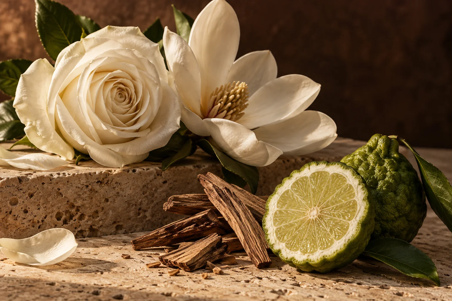 Bílá růže, magnólie, bergamot a dřevité tóny v zátiší